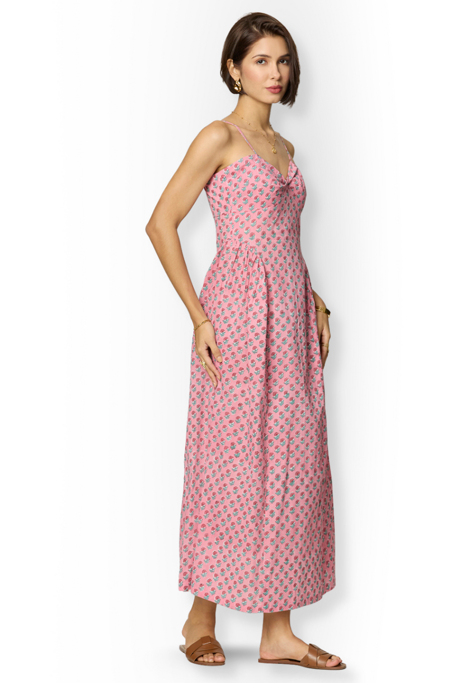 Pink Floral Side-Gathered Maxi Dress with Spaghetti Straps