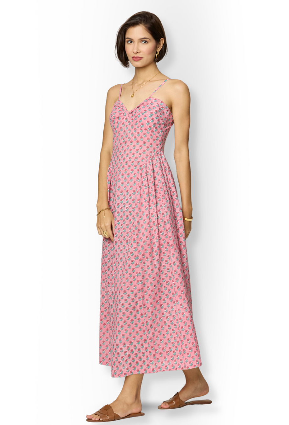 Pink Floral Side-Gathered Maxi Dress with Spaghetti Straps