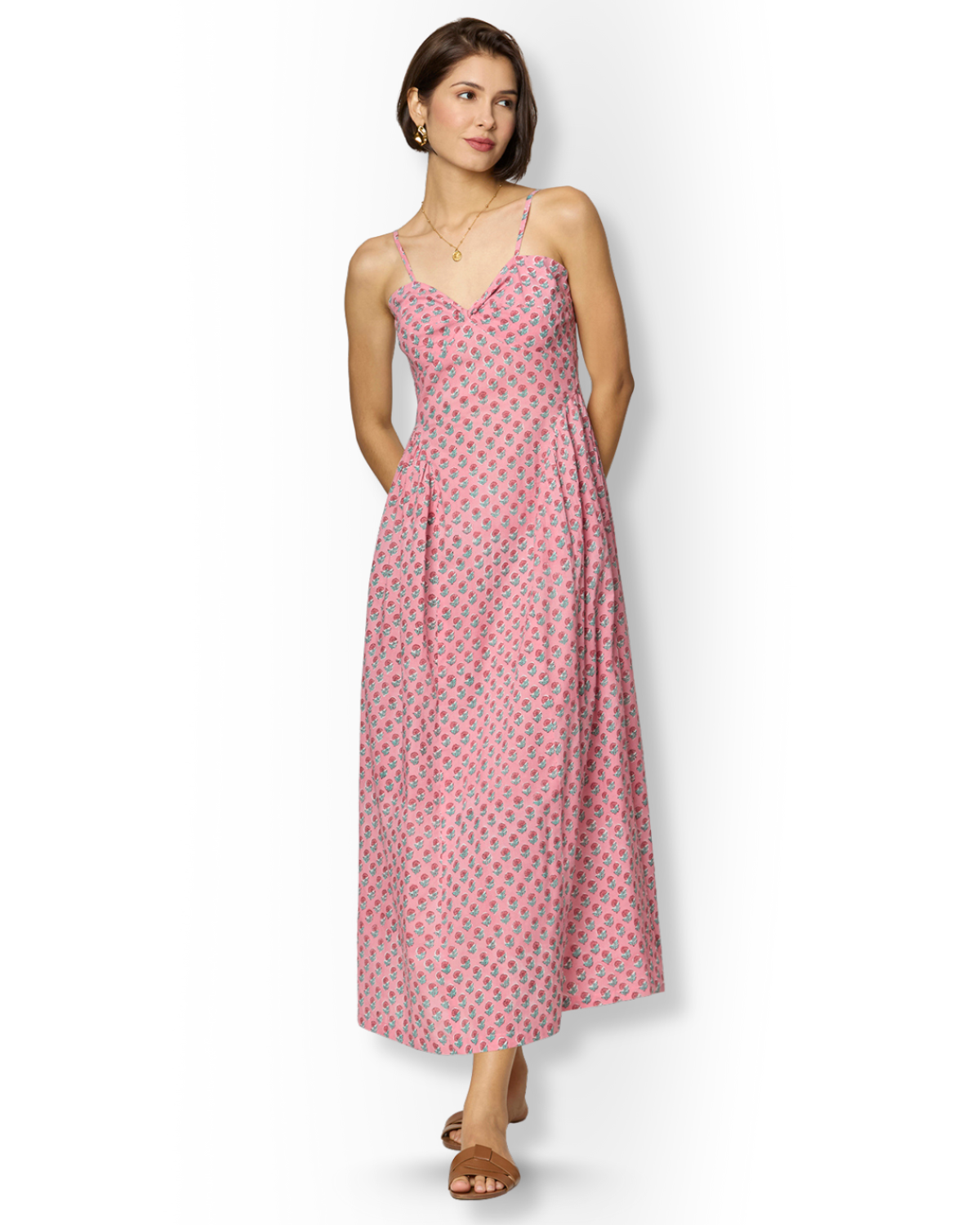 Pink Floral Side-Gathered Maxi Dress with Spaghetti Straps