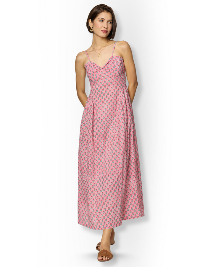 Pink Floral Side-Gathered Maxi Dress with Spaghetti Straps Beat the October Heat