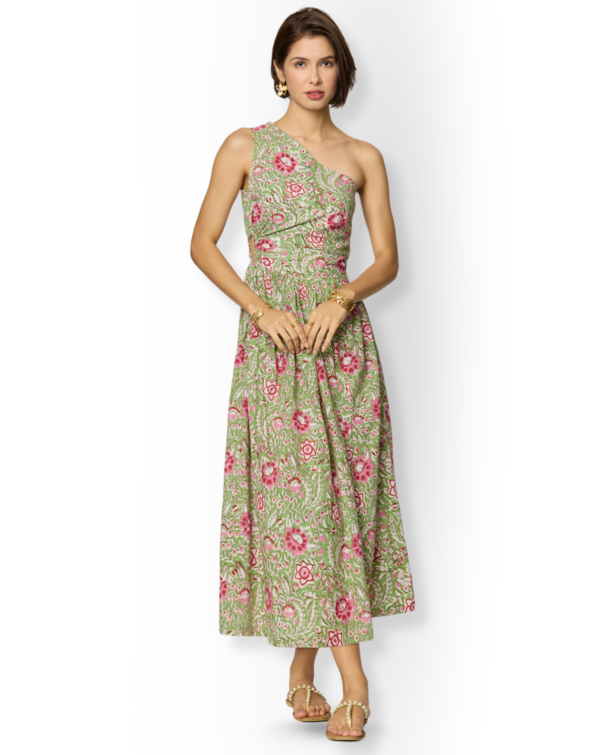 Asymmetrical Green Floral Slit Dress