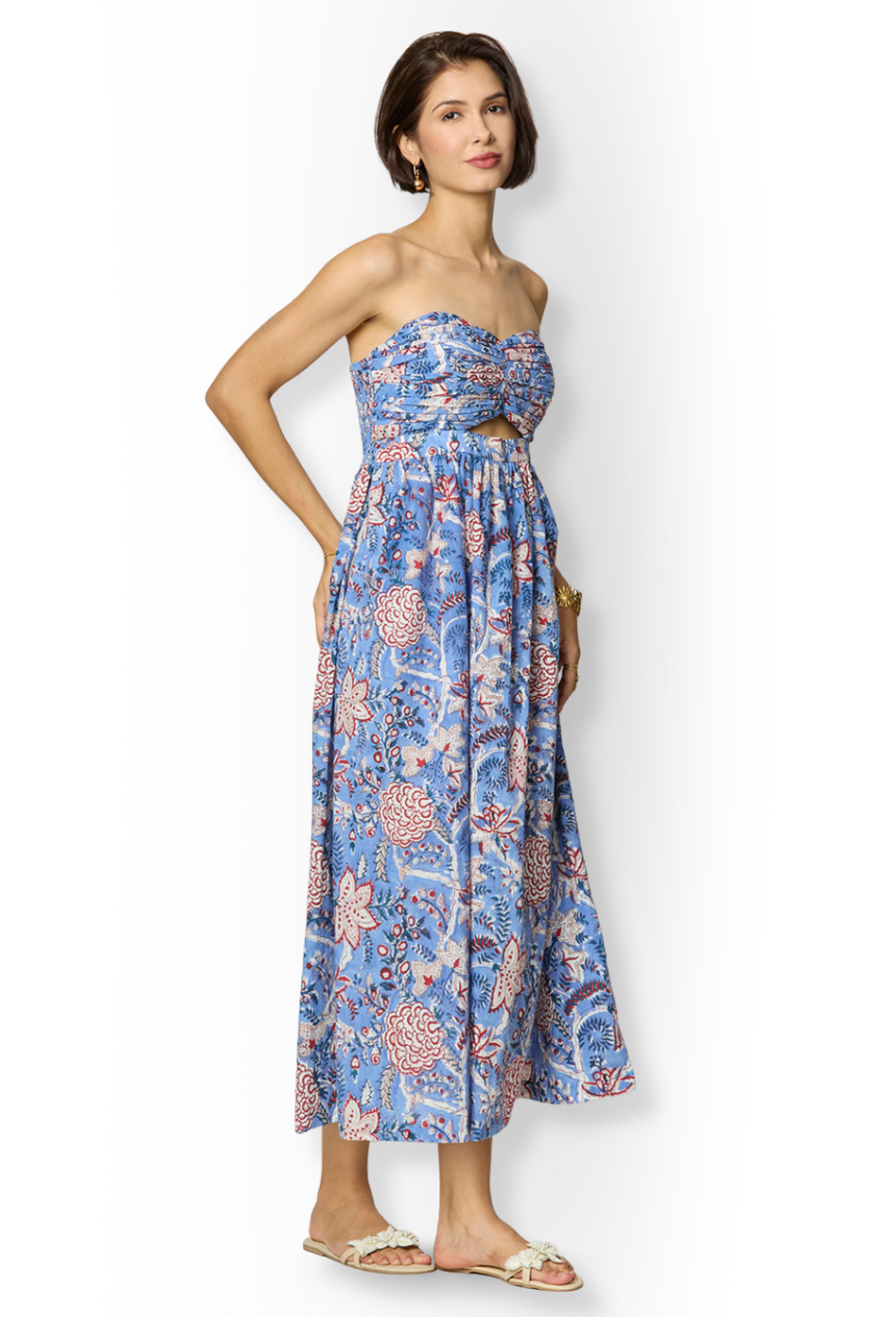 Blue and Red Floral Printed Maxi  Cotton Tube Dress with Pocket
