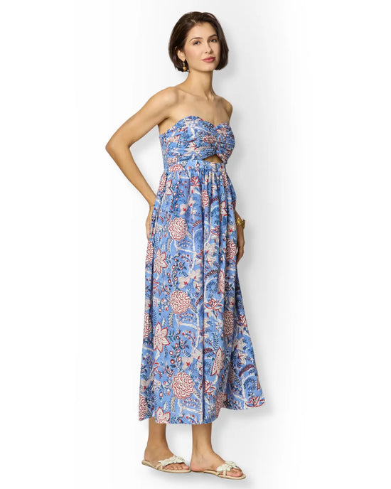 Blue and Red Floral Printed Maxi Cotton Tube Dress with Pockets and Sweetheart Neckline Beat the October Heat