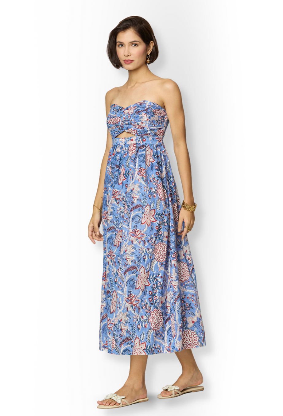 Blue and Red Floral Printed Maxi  Cotton Tube Dress with Pocket