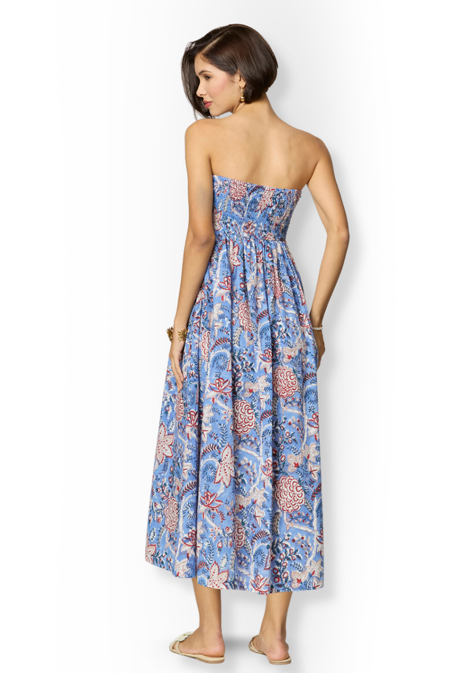 Blue and Red Floral Printed Maxi  Cotton Tube Dress with Pocket