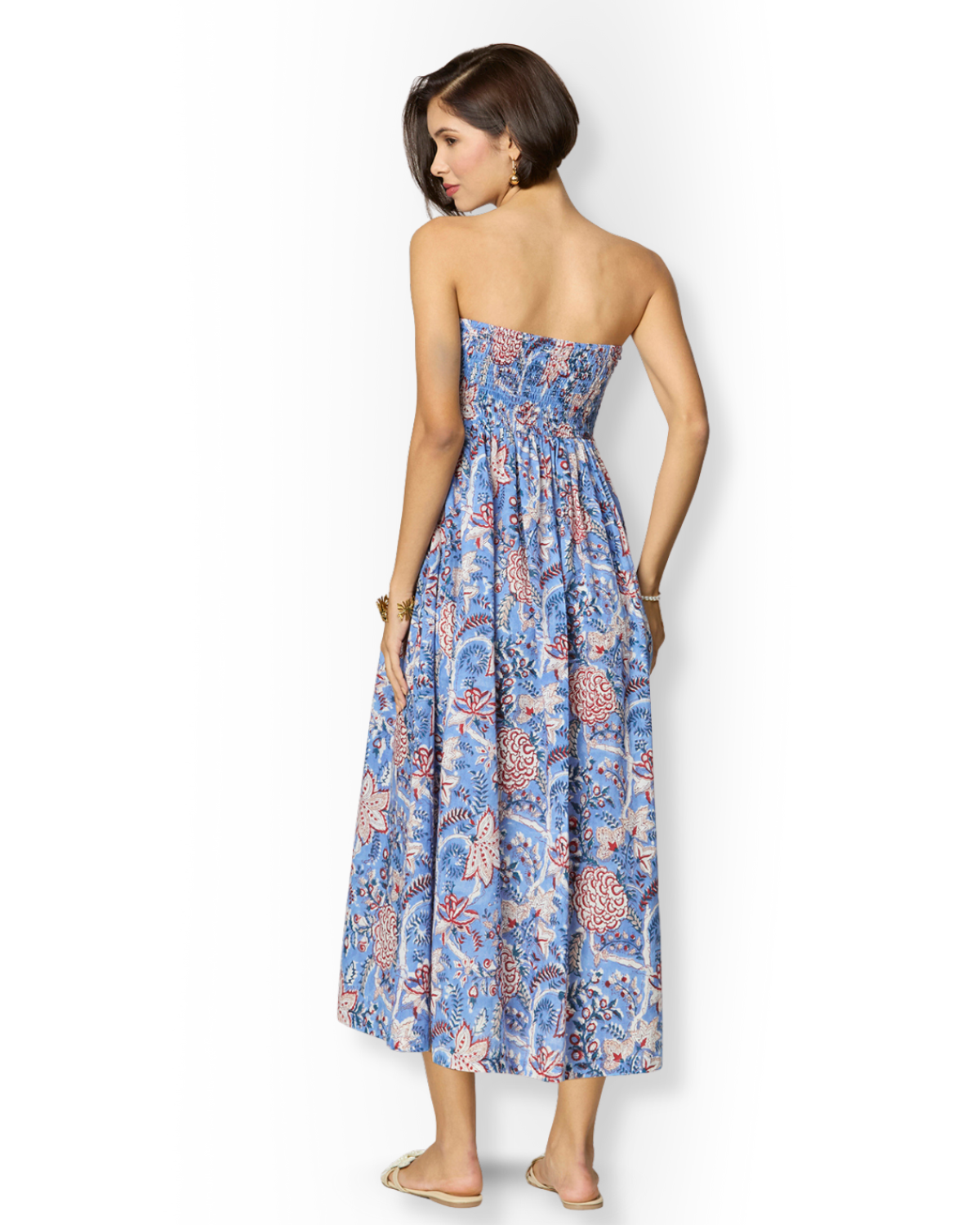 Blue and Red Floral Printed Maxi  Cotton Tube Dress with Pocket