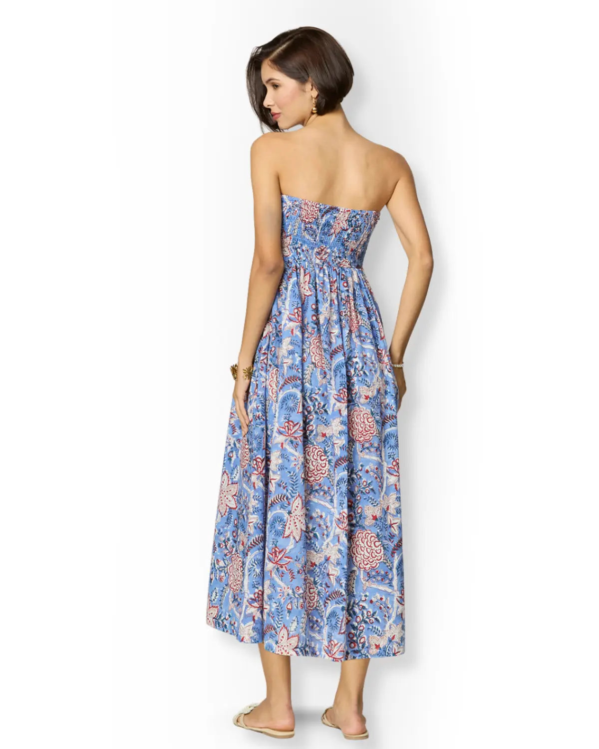 Blue and Red Floral Printed Maxi Cotton Tube Dress with Pockets and Sweetheart Neckline Beat the October Heat