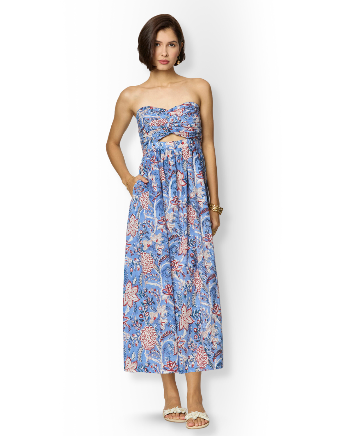 Blue and Red Floral Printed Maxi  Cotton Tube Dress with Pocket