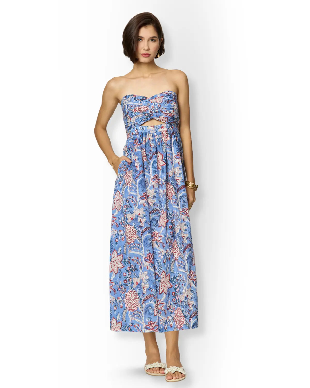 Blue and Red Floral Printed Maxi Cotton Tube Dress with Pockets and Sweetheart Neckline Beat the October Heat