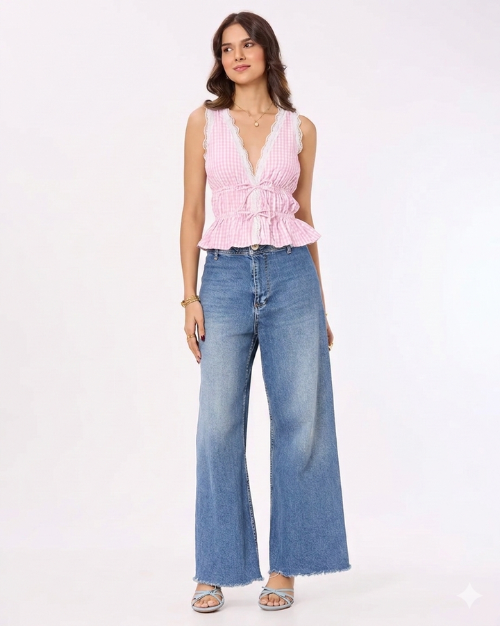 Pink and White Gingham Lace Top