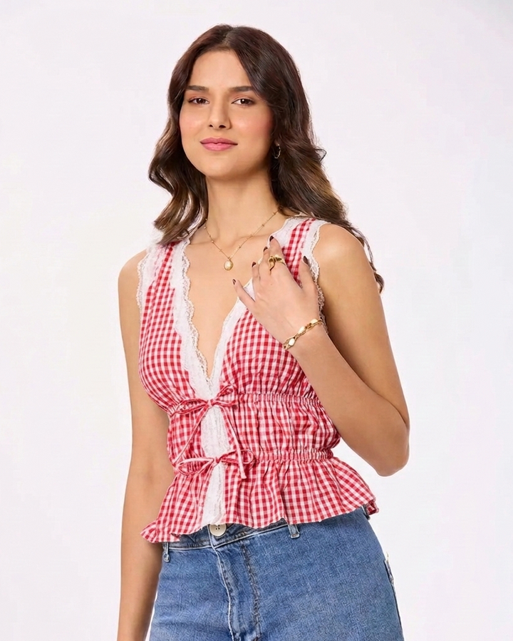 Red and White Gingham Lace Top