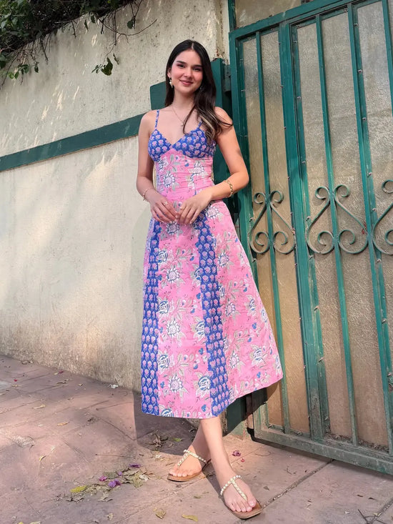 Bright Pink & Sea Blue Floral Cotton Maxi Dress
