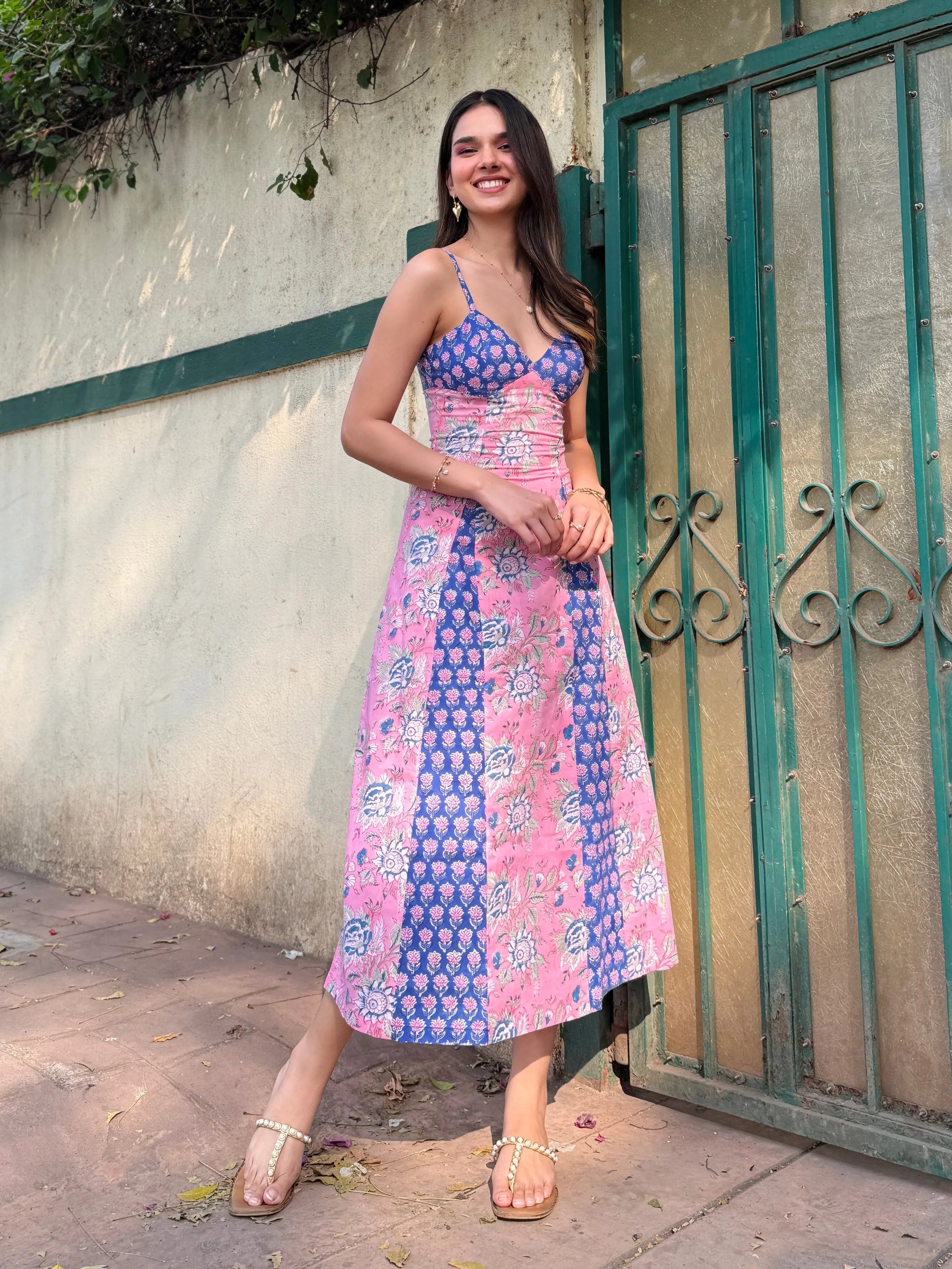 Bright Pink & Sea Blue Floral Cotton Dual Print Maxi Dress with Adjustable Straps