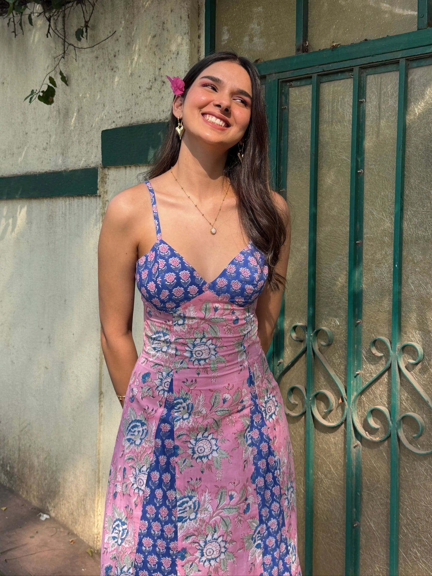 Bright Pink & Sea Blue Floral Cotton Dual Print Maxi Dress with Adjustable Straps