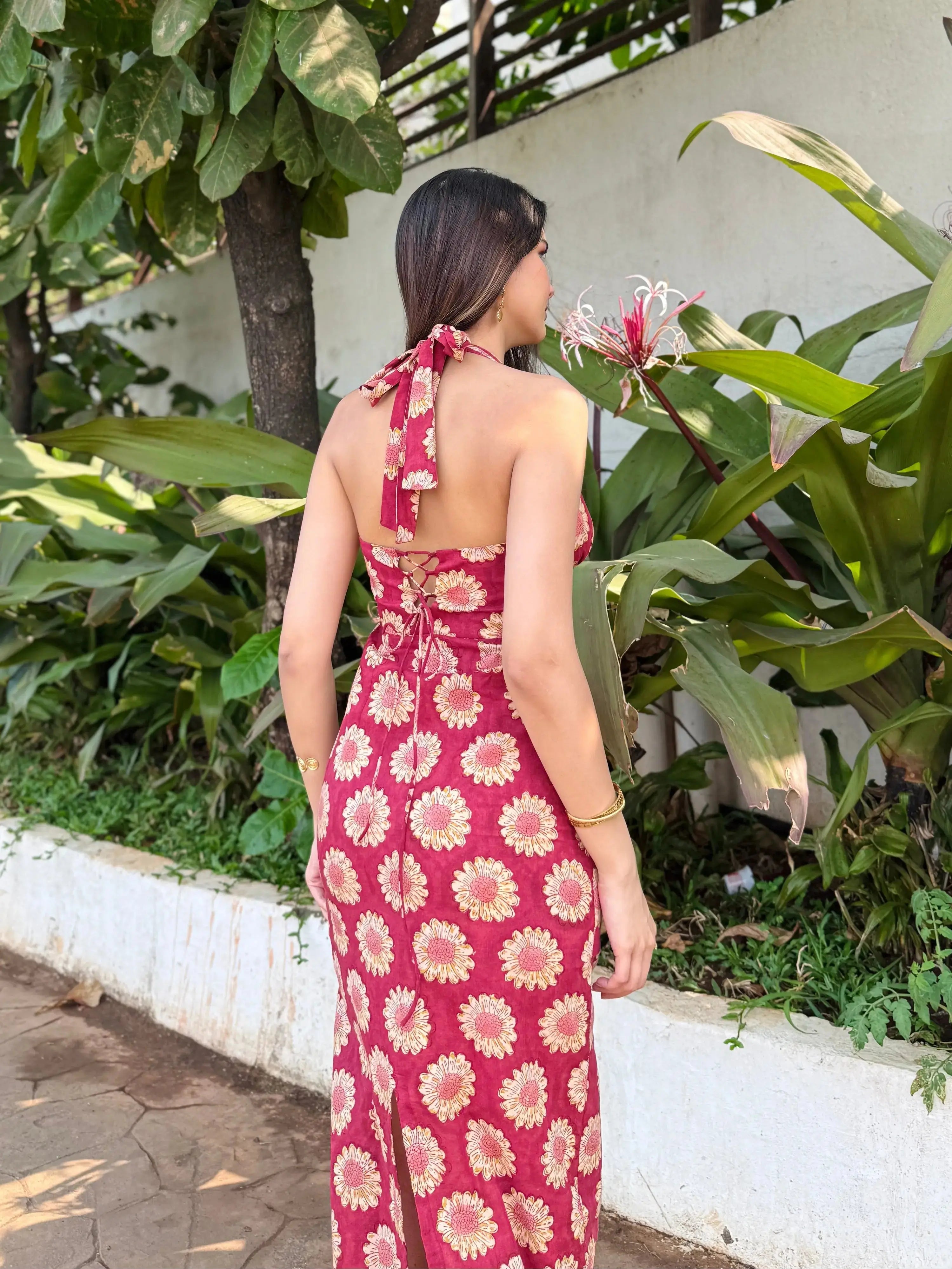 red sunflower dress Maroon Red Sunflower Halter Neck Cotton Maxi Dress with Back Tie Up AMARAA