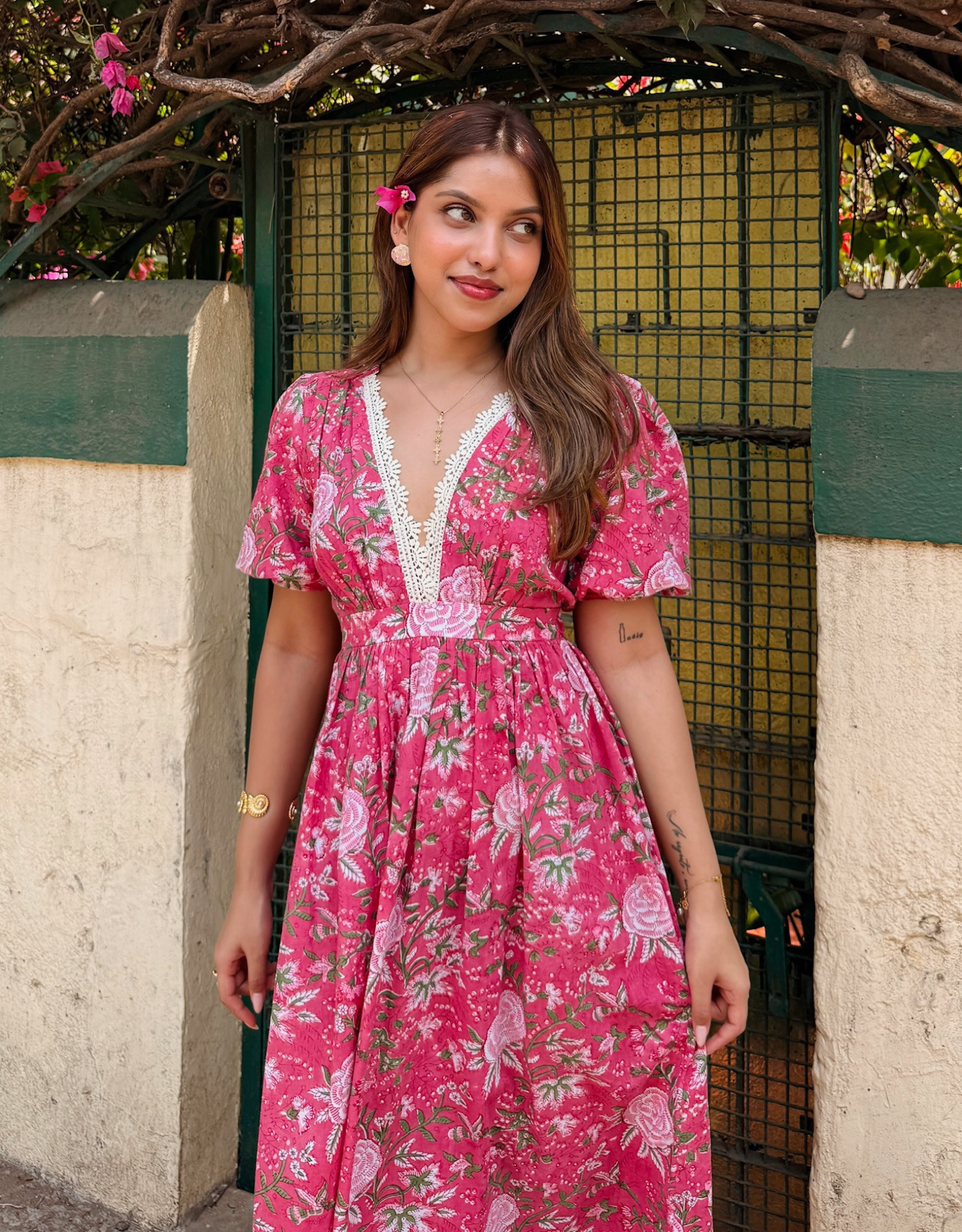 Pink Floral Block Printed Cotton Maxi Dress — Pre Order