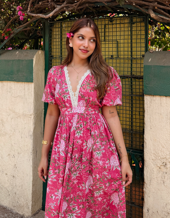 Pink Floral Block Printed Cotton Maxi Dress — Pre Order