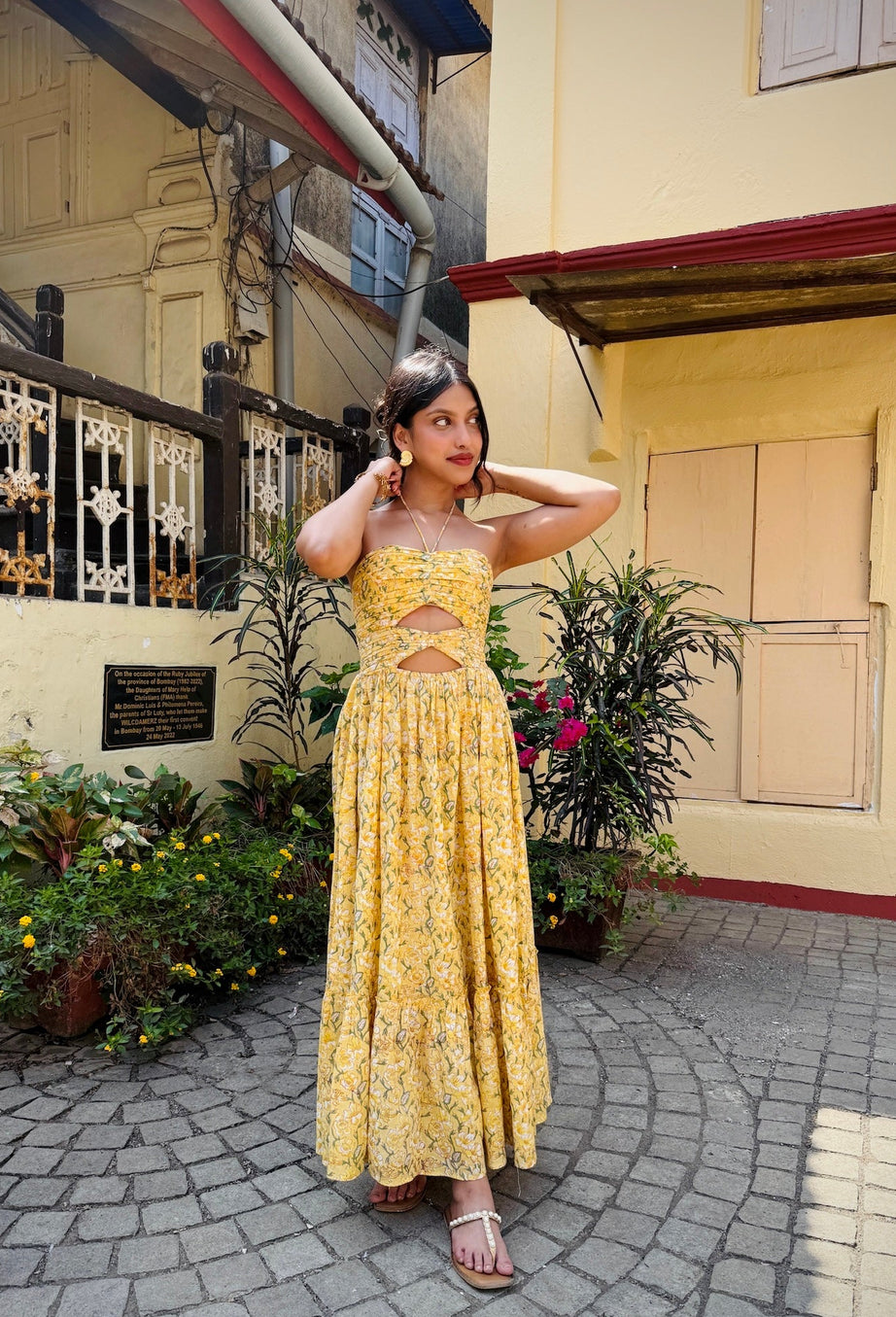 Bright Yellow Floral Print Maxi Dress with Front Cut-Outs Spring Summer - 25