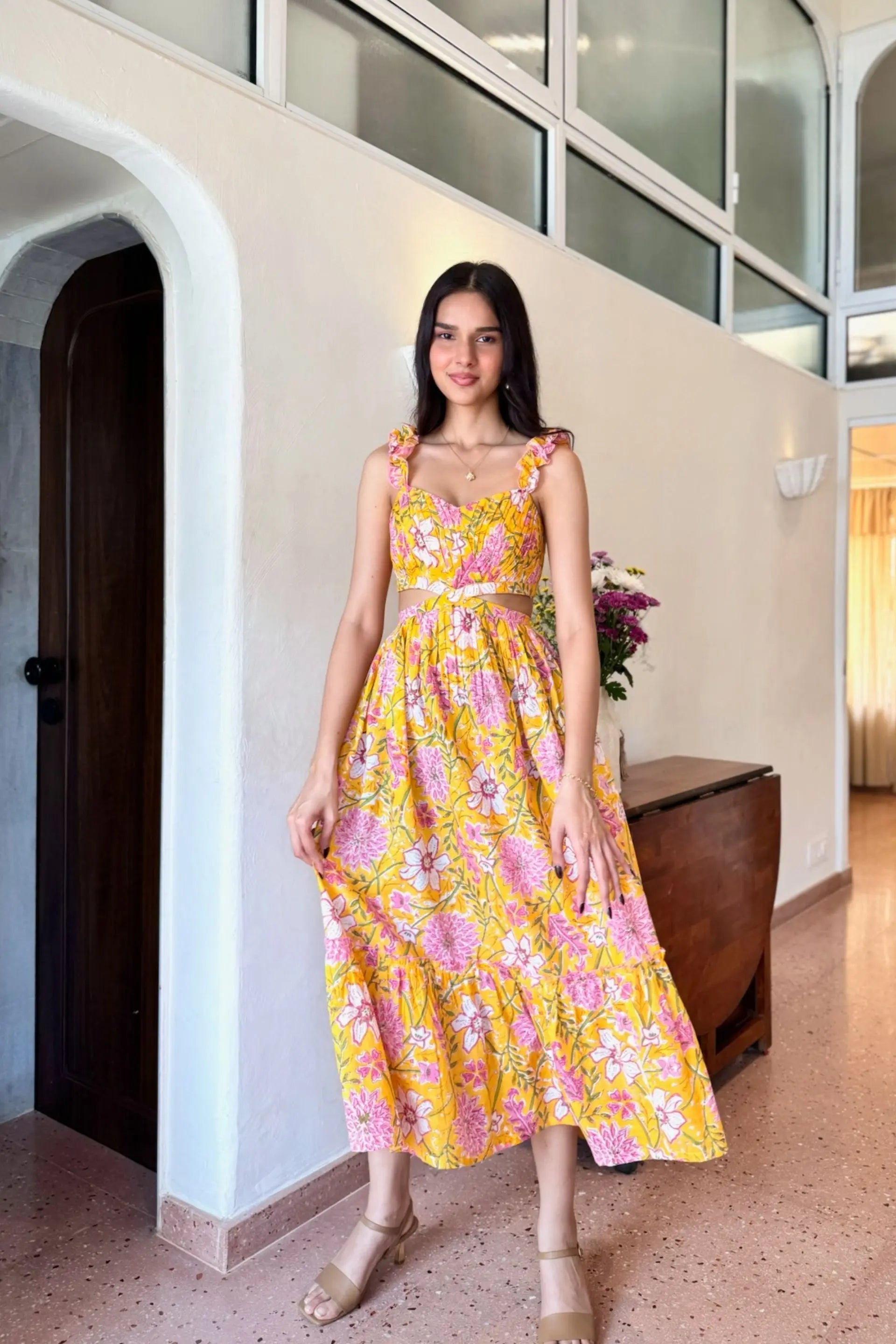 Yellow and Pink Floral Cotton Maxi Dress with Frill Straps with One Side Pocket LF-Collection