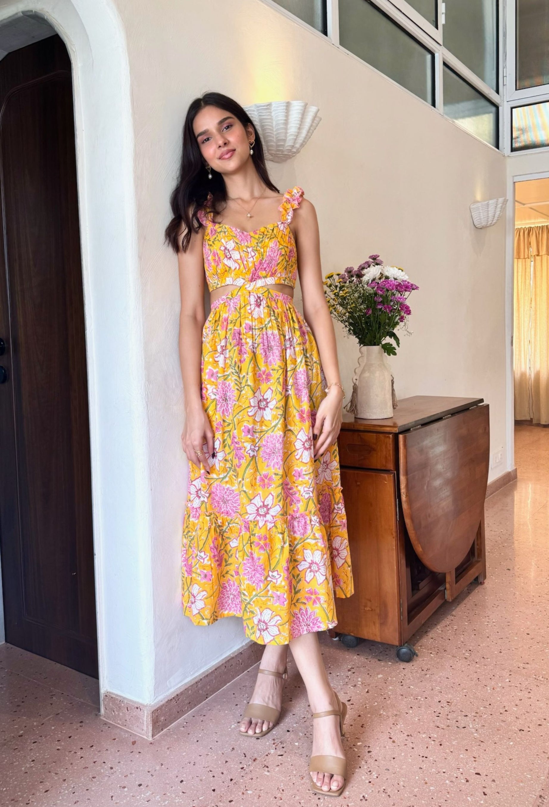 Yellow and Pink Floral Cotton Dress with Frill Straps with One Side Pocket