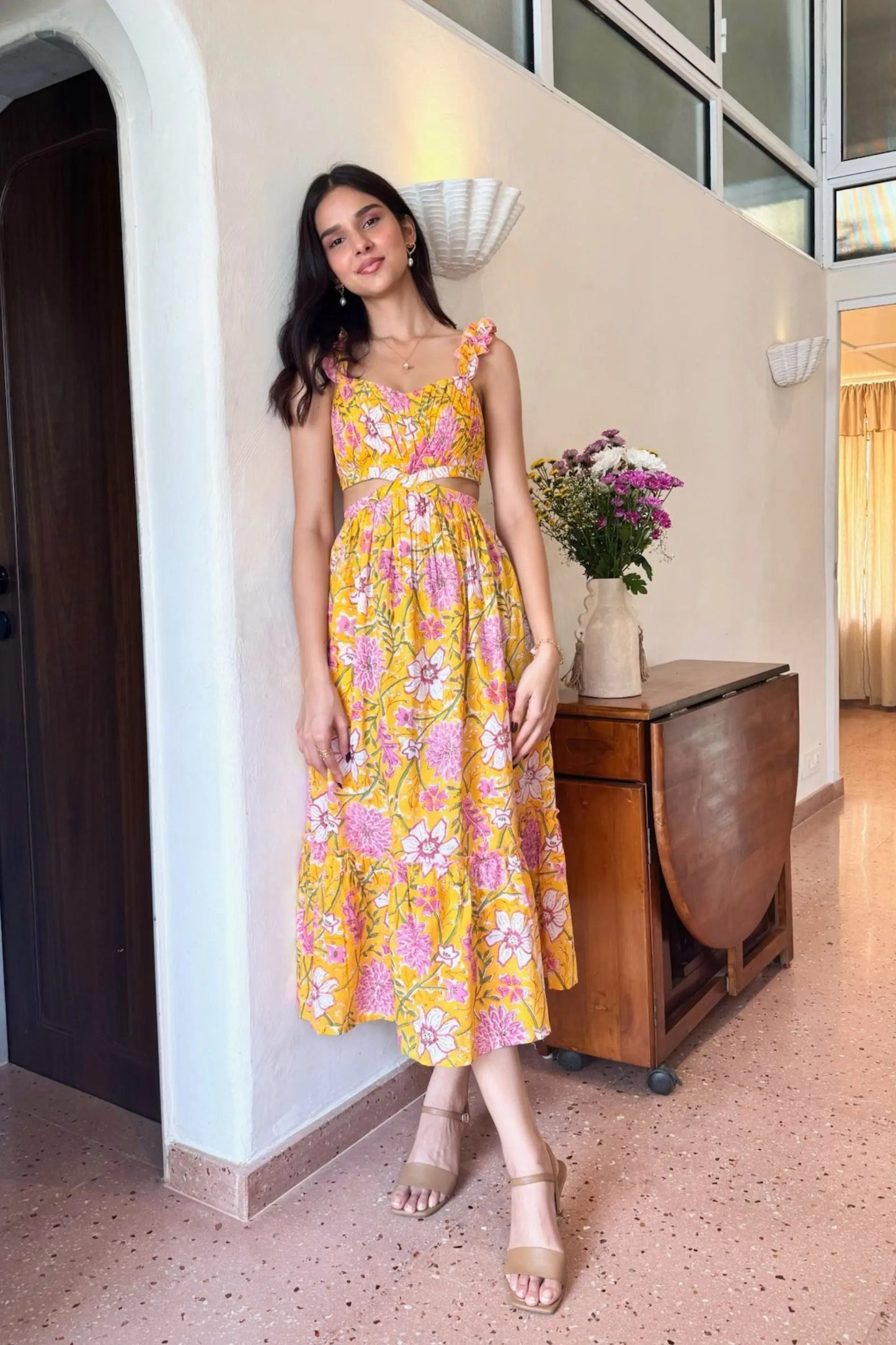Yellow and Pink Floral Cotton Maxi Dress with Frill Straps with One Side Pocket LF-Collection