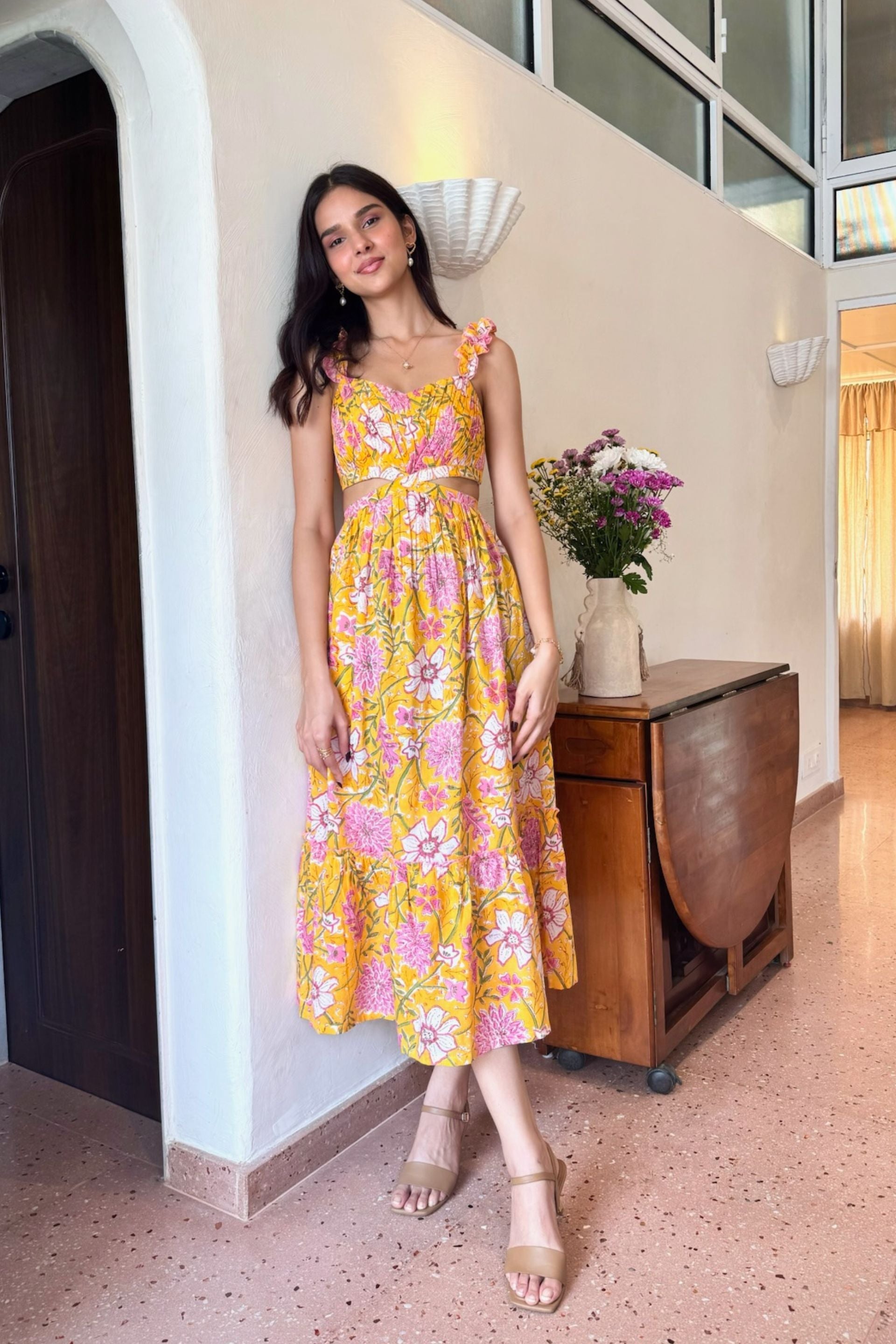 Yellow and Pink Floral Cotton Dress with Frill Straps with One Side Pocket