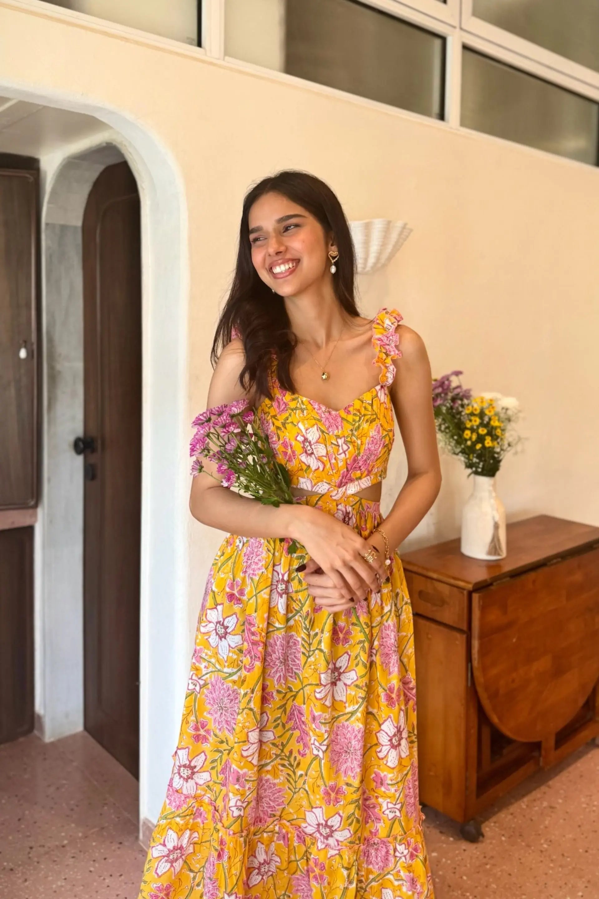 Yellow and Pink Floral Cotton Maxi Dress with Frill Straps with One Side Pocket LF-Collection