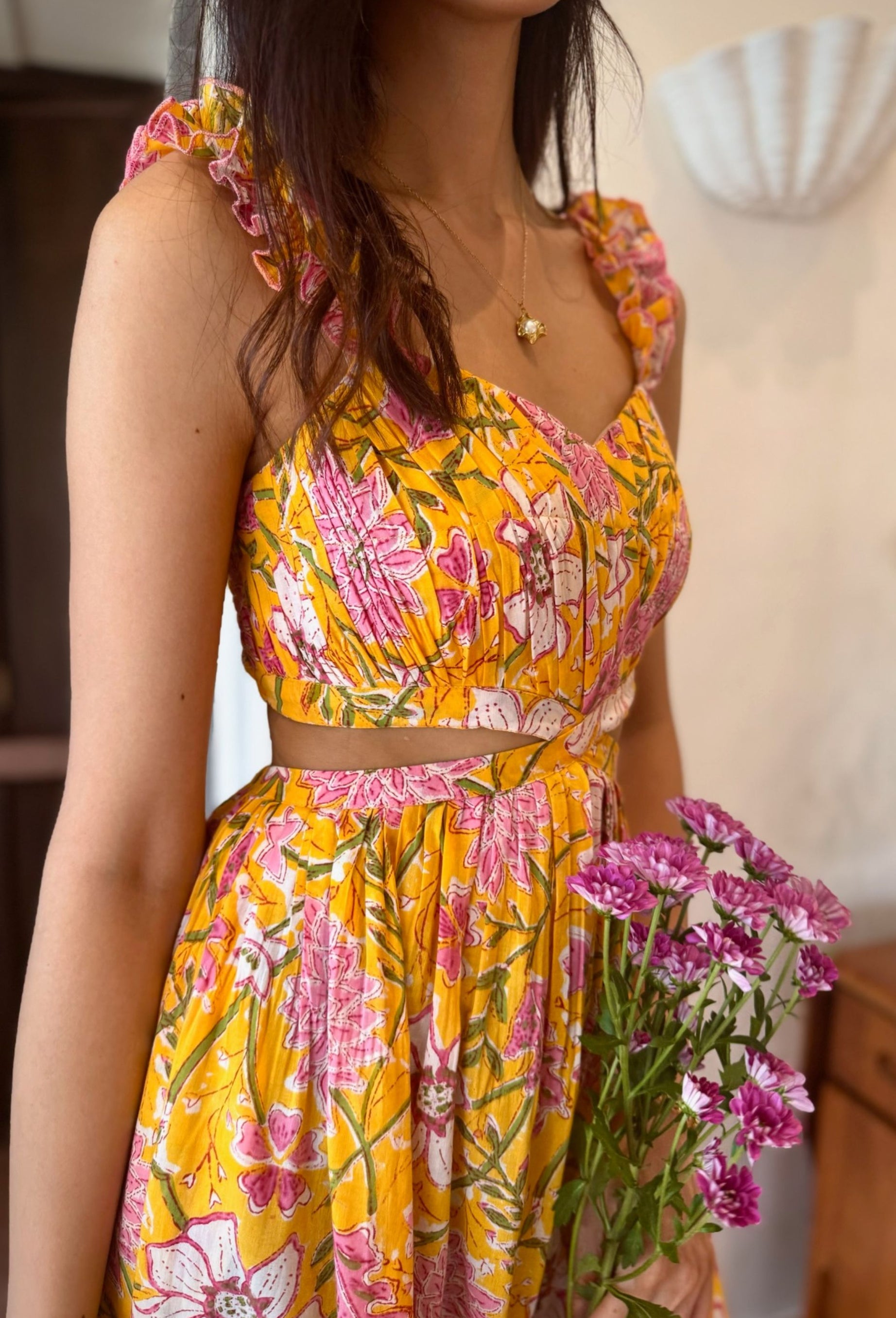 Yellow and Pink Floral Cotton Dress with Frill Straps with One Side Pocket