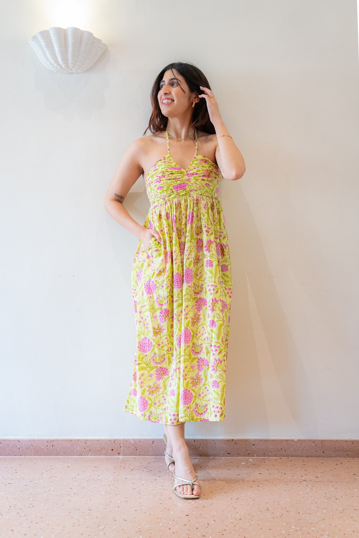 Lime Green with Pink Floral Cotton Halter Maxi Dress with Pocket SpringSummer'24