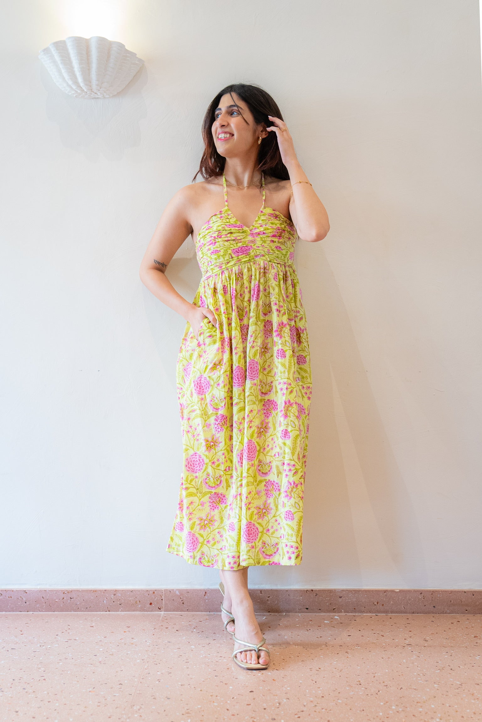 Lime Green with Pink Floral Cotton Halter Maxi Dress with Pocket