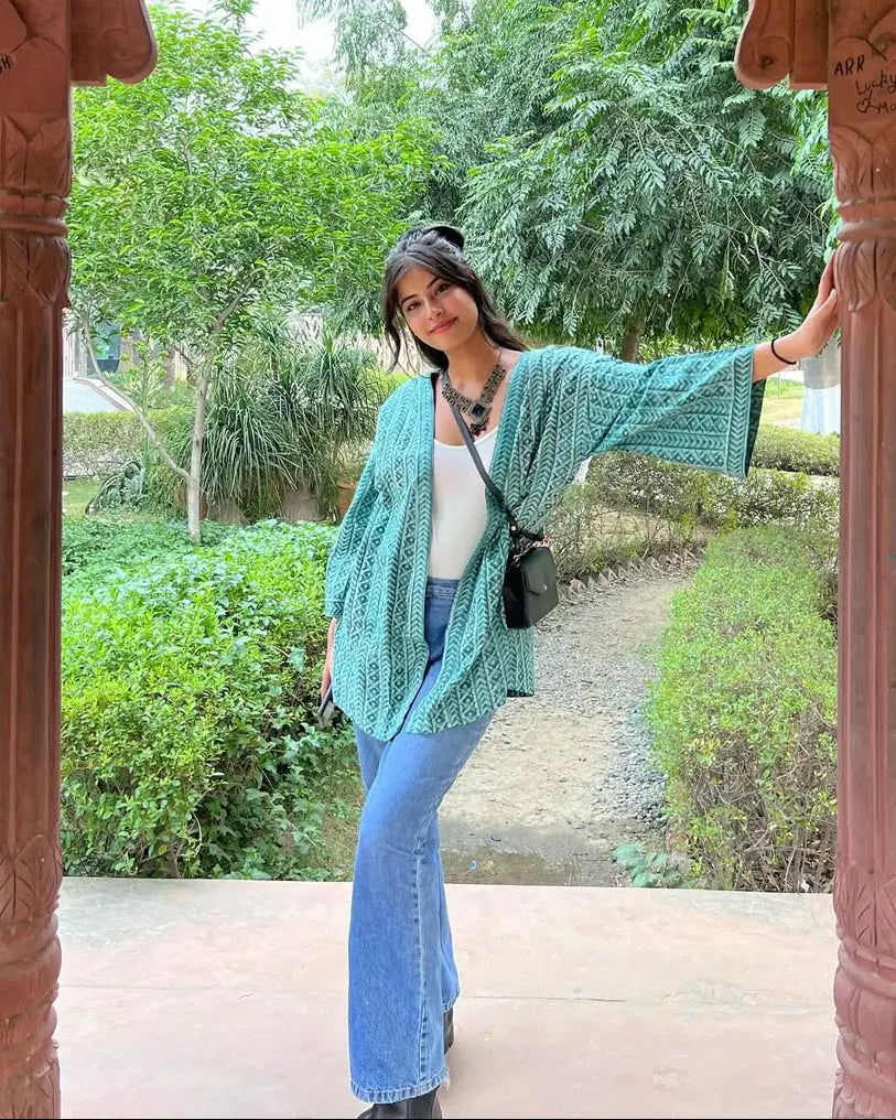 Free-Size Sage Hand-Blocked Cotton Sage Green Shrug - Free Size AMARAA