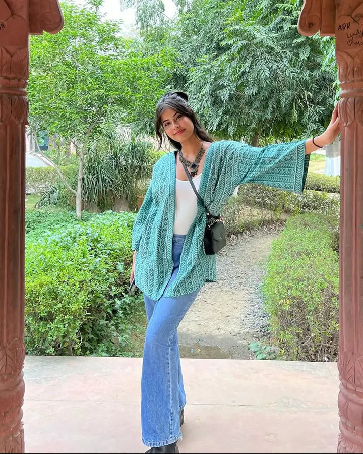 Free-Size Sage Hand-Blocked Cotton Sage Green Shrug - Free Size AMARAA