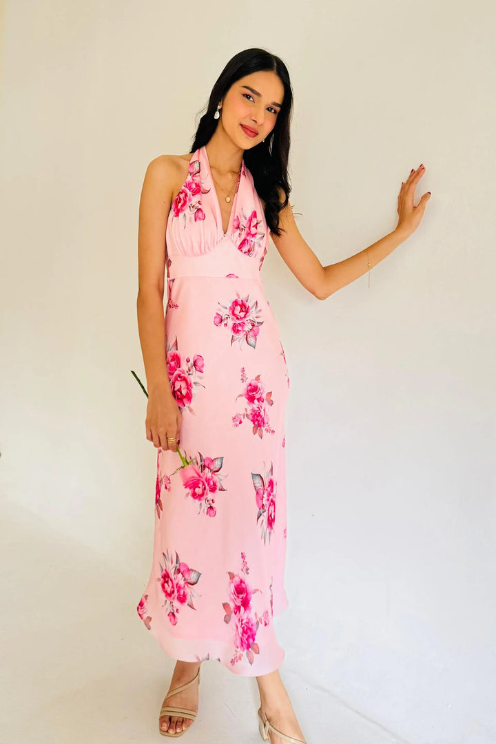 Pink Floral Rose Print Lyla Halter Tie-Up Maxi Dress Valentines Day Collection