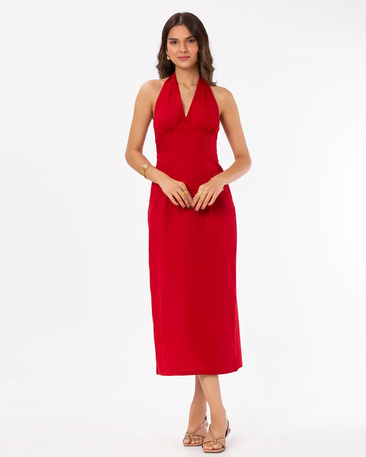 Red Halter Neck Maxi Dress with Back Slit Basic But Better