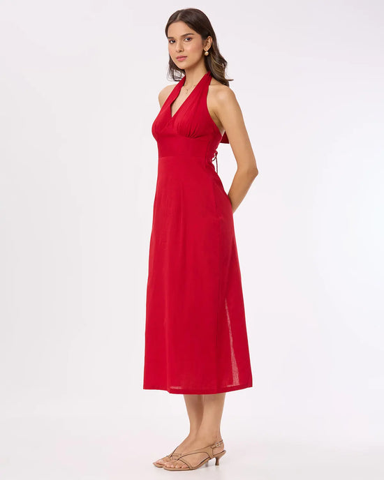 Red Halter Neck Maxi Dress with Back Slit Basic But Better