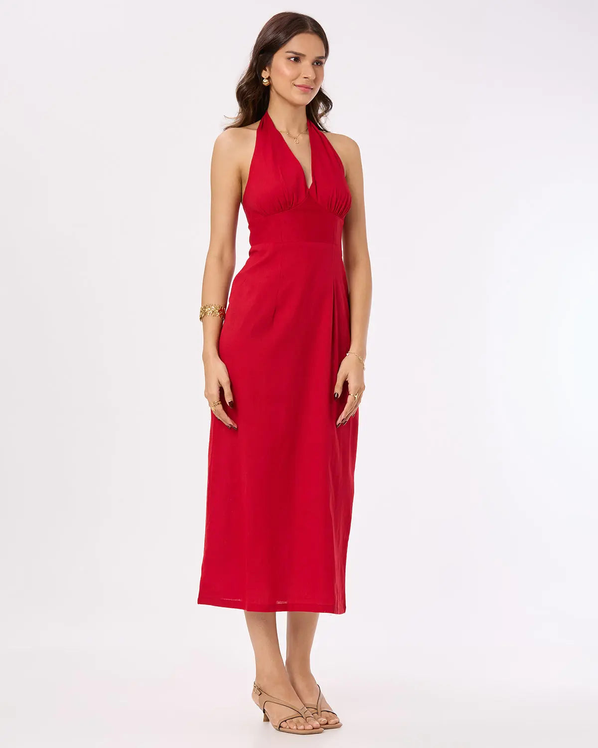 Red Halter Neck Maxi Dress with Back Slit Basic But Better