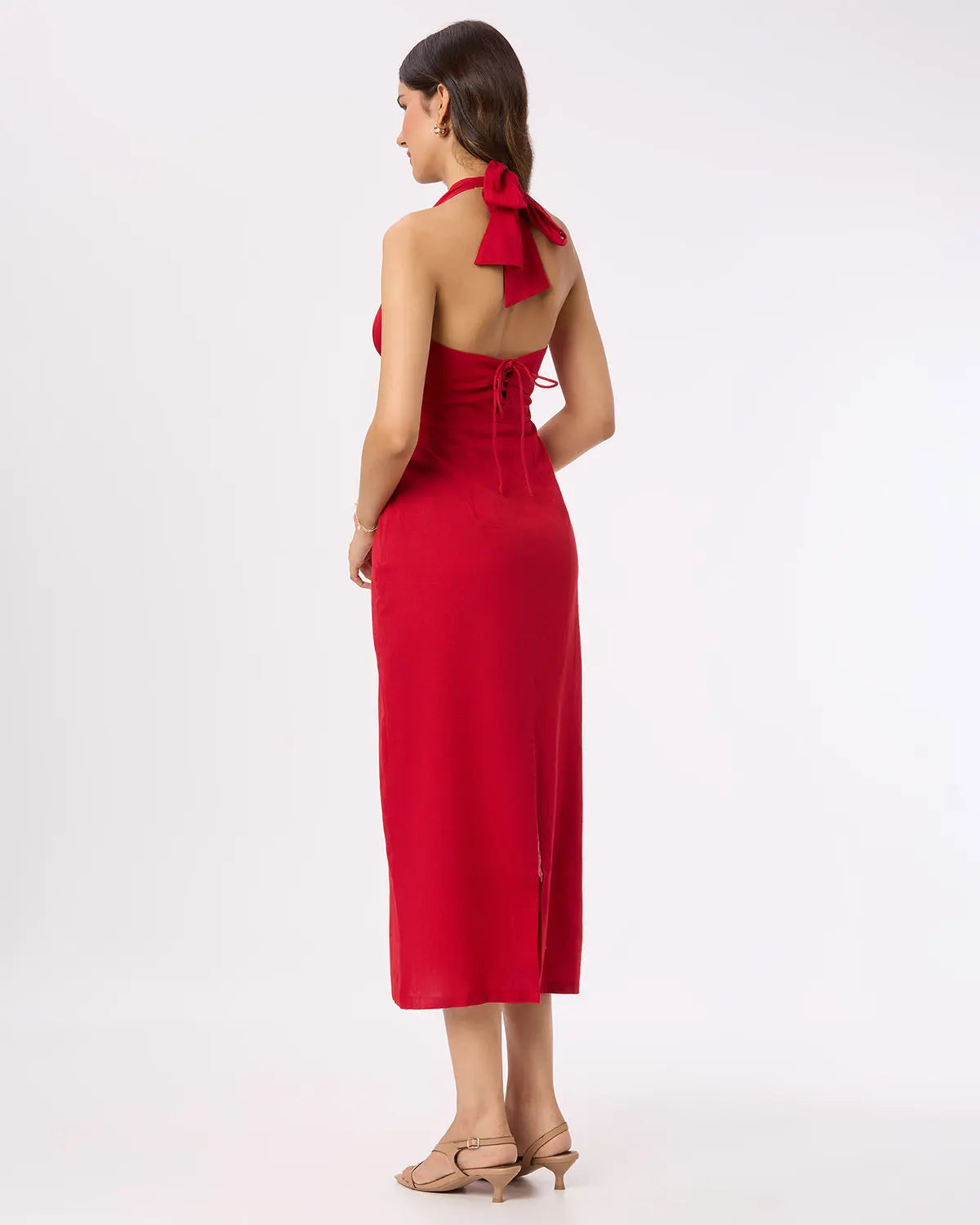Red Halter Neck Maxi Dress with Back Slit Basic But Better