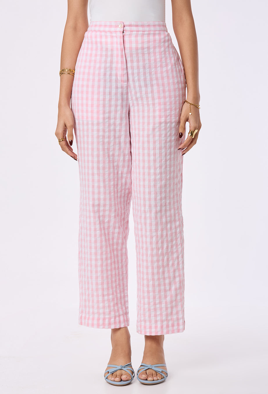 Pink and White checks Straight Pants with Side pockets