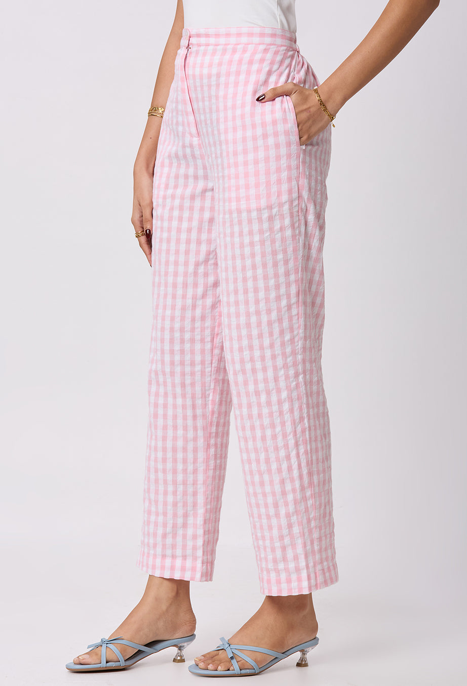 Pink and White checks Straight Pants with Side pockets