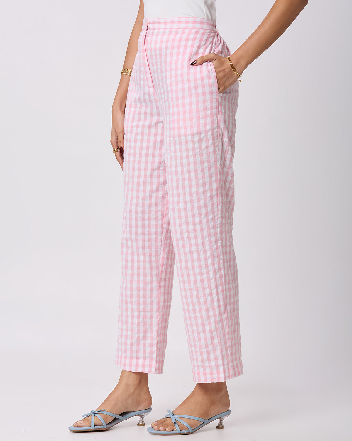 Pink and White checks Straight Pants with Side pockets
