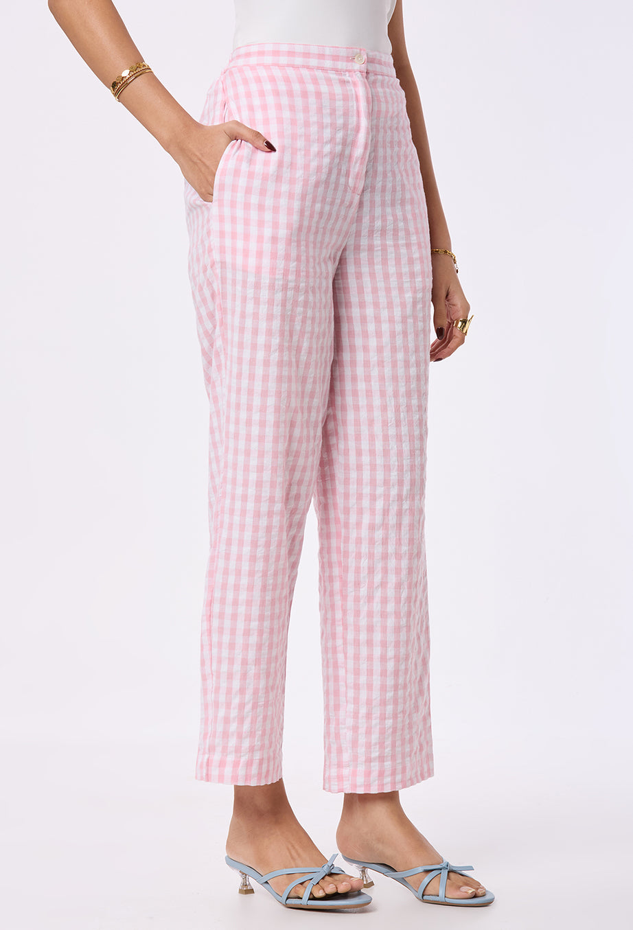 Pink and White checks Straight Pants with Side pockets