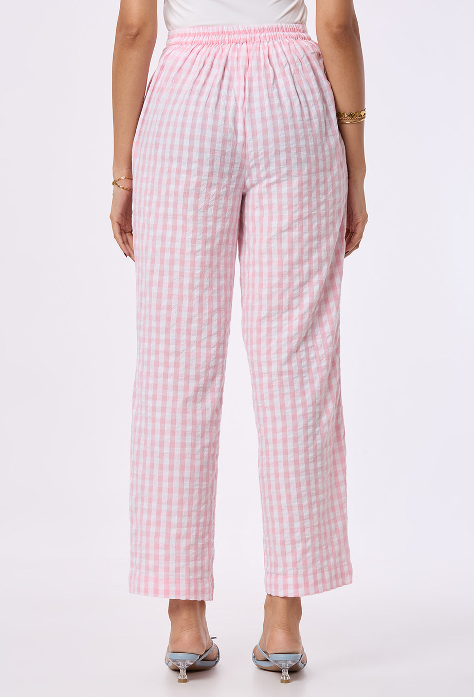 Pink and White checks Straight Pants with Side pockets