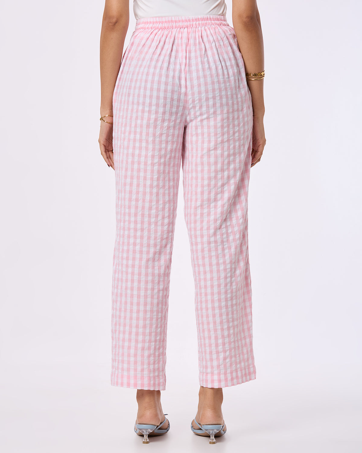 Pink and White checks Straight Pants with Side pockets