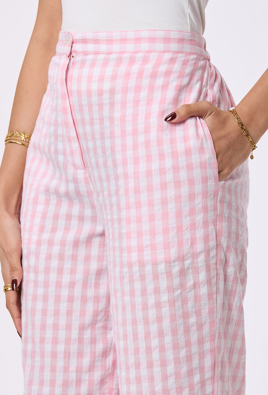 Pink and White checks Straight Pants with Side pockets