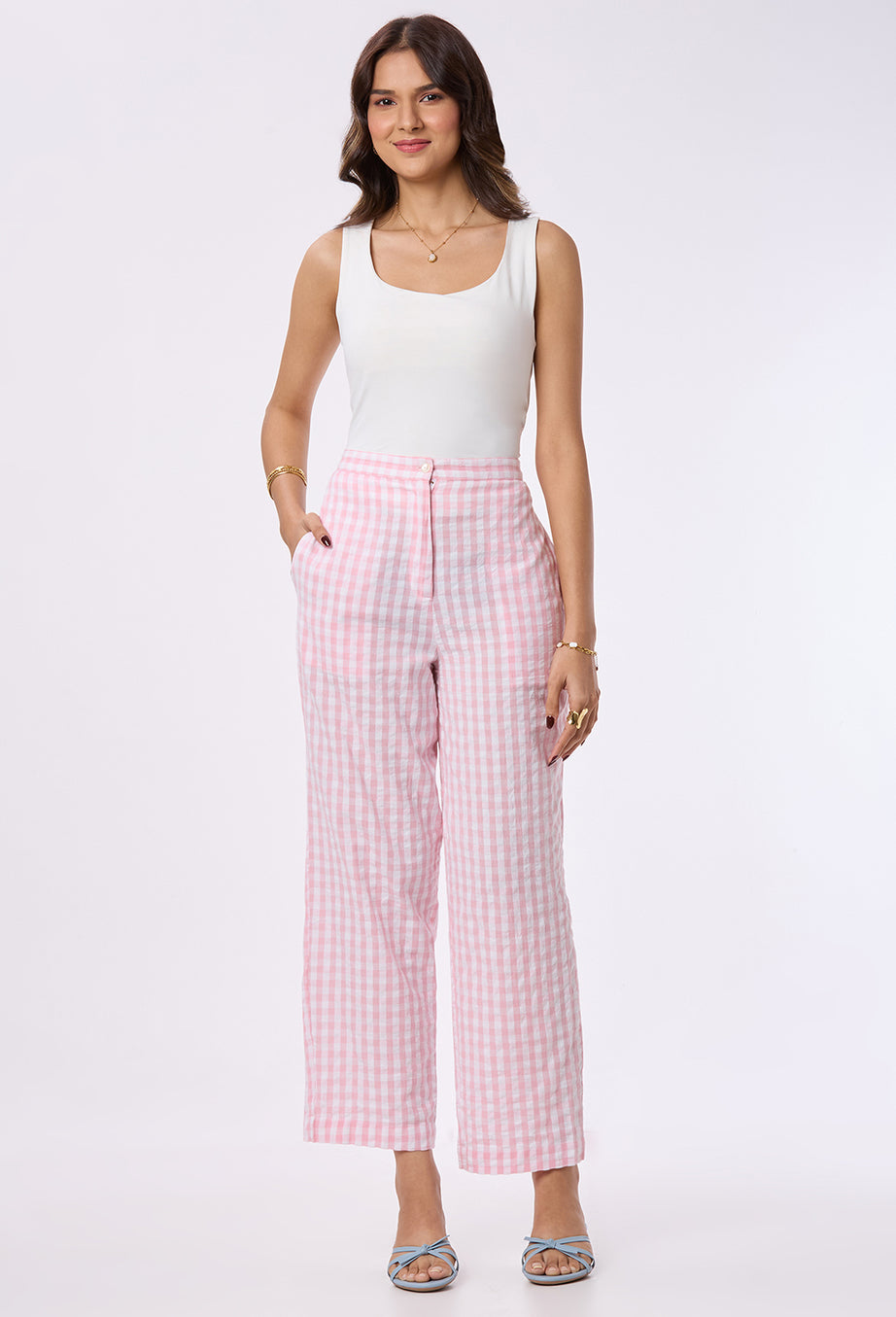 Pink and White checks Straight Pants with Side pockets