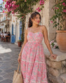 Pink Floral Block Printed Cotton Maxi Dress with Lace Detailing & Back Smocking