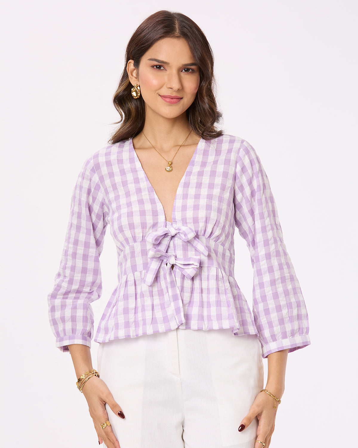 Purple and White Checks Front Tie- up Top