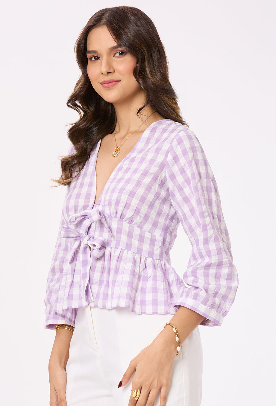 Purple and White Checks Front Tie- up Top