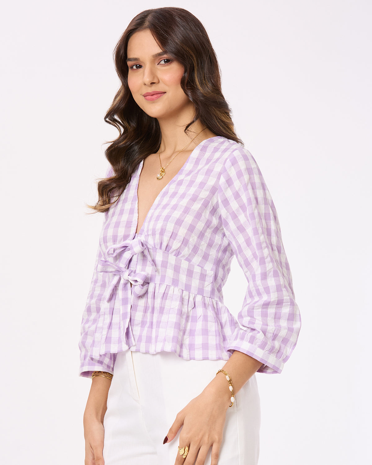 Purple and White Checks Front Tie- up Top
