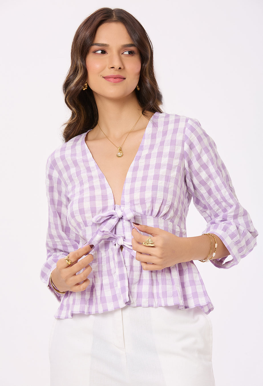 Purple and White Checks Front Tie- up Top